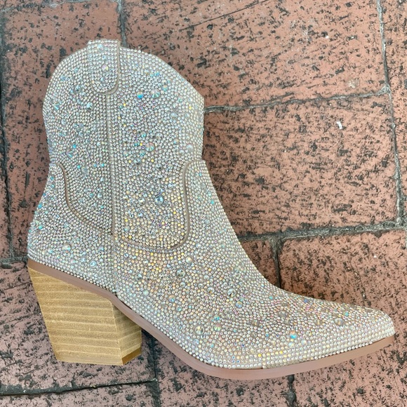 MIIM ANGEL Silver Rhinestone Gem Embellished Ankle Western Heeled Cowboy Boot - Picture 8 of 12